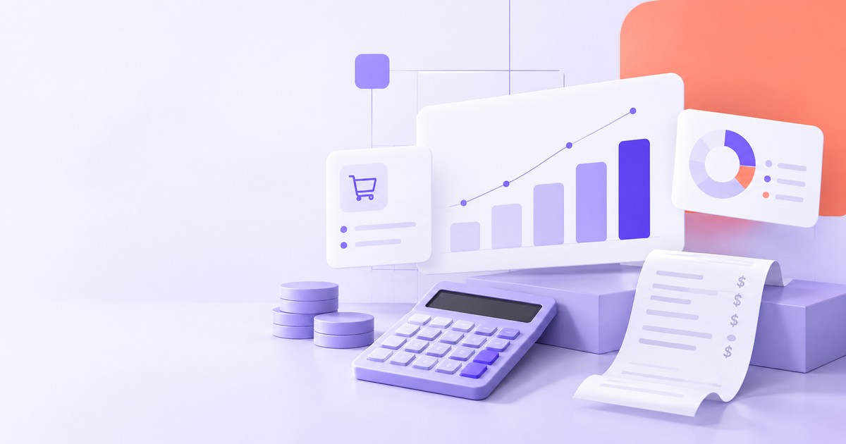 Ilustración de una calculadora, un gráfico de barras y un recibo sobre fondo lila, para el artículo sobre ticket promedio